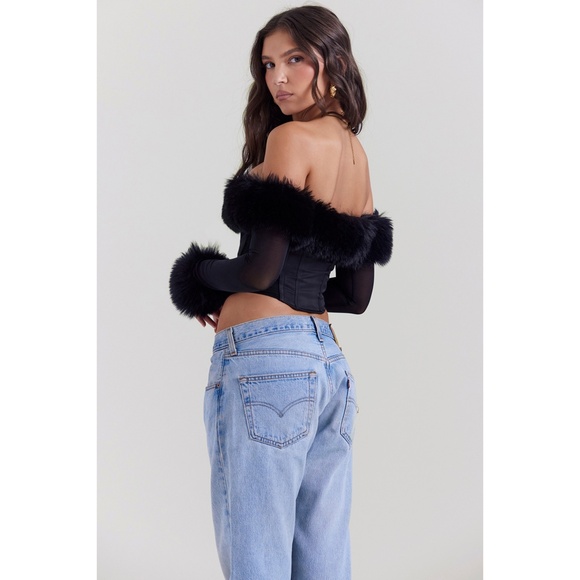 NEW House of CB Merle Faux Fur Trim Top Black XS - Picture 3 of 15